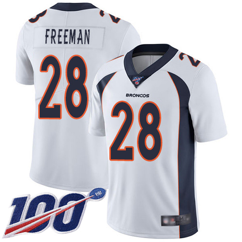 Men Denver Broncos #28 Royce Freeman White Vapor Untouchable Limited Player 100th Season Football NFL Jersey->denver broncos->NFL Jersey